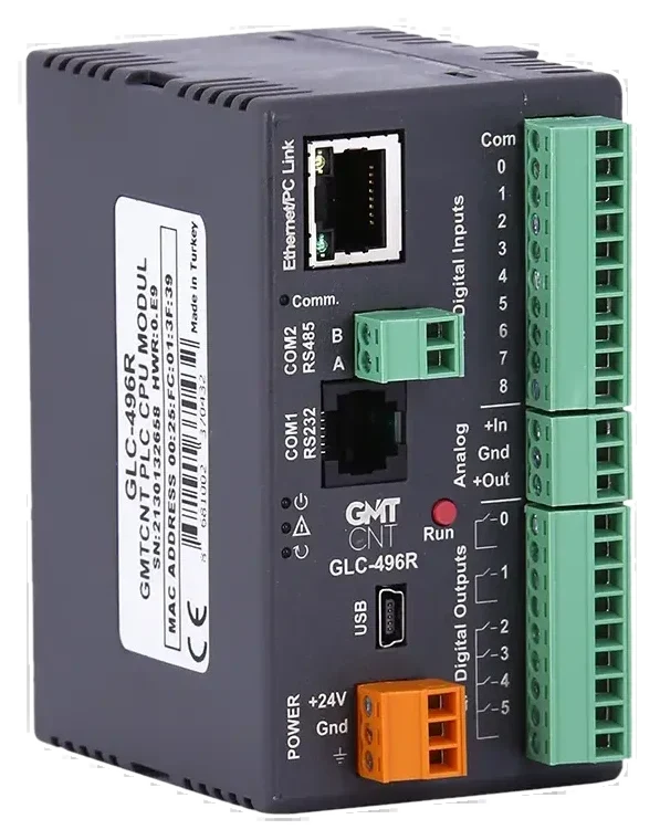 GLC-496R 9DI, 6RO, 1AI, 1AO, WMI, RTC, e-mail, Datalog, GMTScada, Telegram - Yerli Üretim PLC - CPU Modülleri