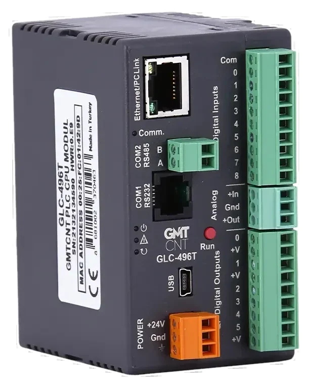GLC-496T 9DI, 6TO, 1AI, 1AO, WMI, RTC, e-mail, Datalog, GMTScada, Telegram - Yerli Üretim PLC - CPU Modülleri